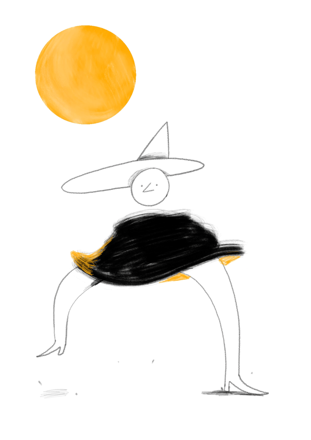 Hand-drawn figure in a pointed hat beneath an orange sun.